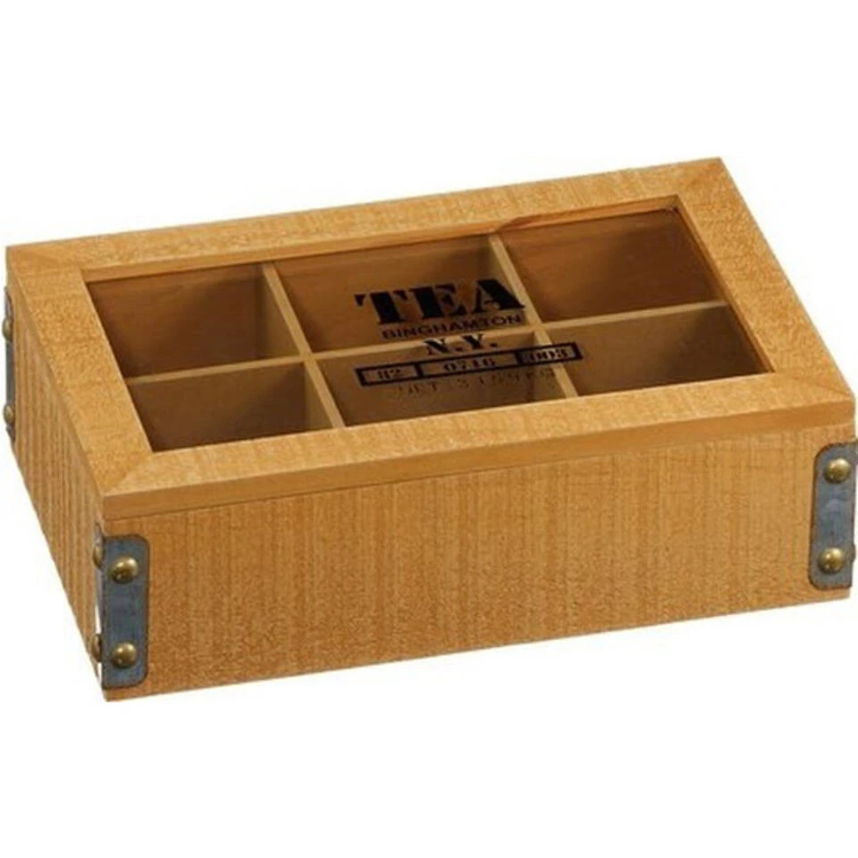 Merkloos Theedoos - 6 Vakjes - Hout - 7 Cm