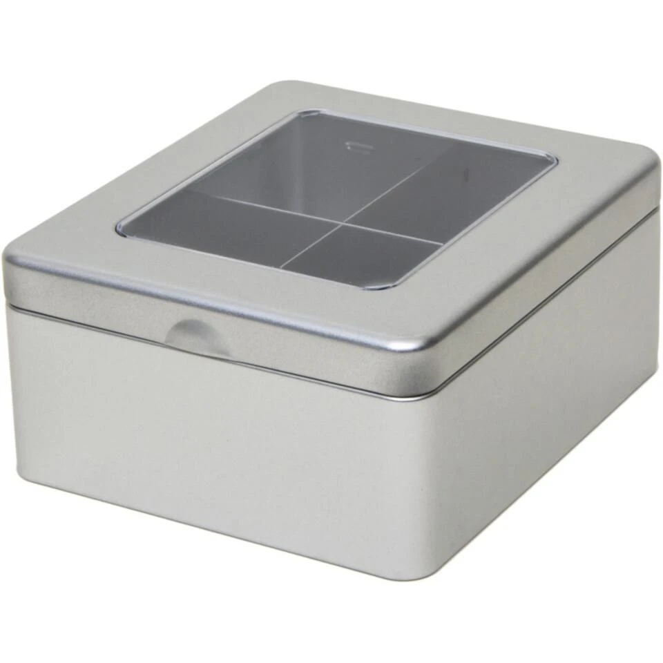 Merkloos Theedoos - Zilverkleurig - 4-vaks - Metaal - 15 Cm