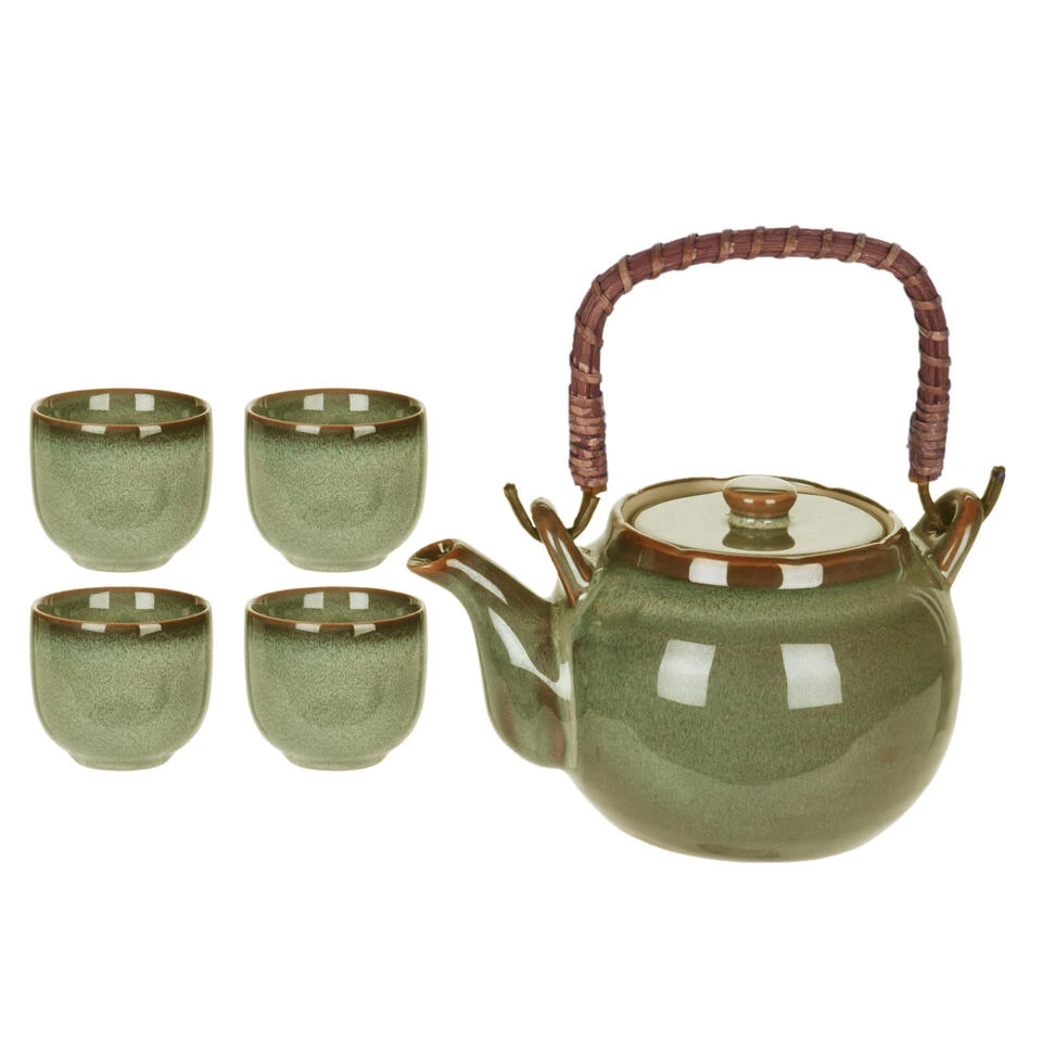Excellent Houseware Theepot Set Met 4 Bekers Groen Keramiek - Afbeelding 3