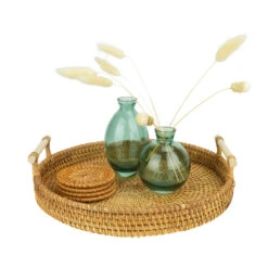 QUVIO Dienblad Met Handvaten Rond - 28 Cm - Rotan