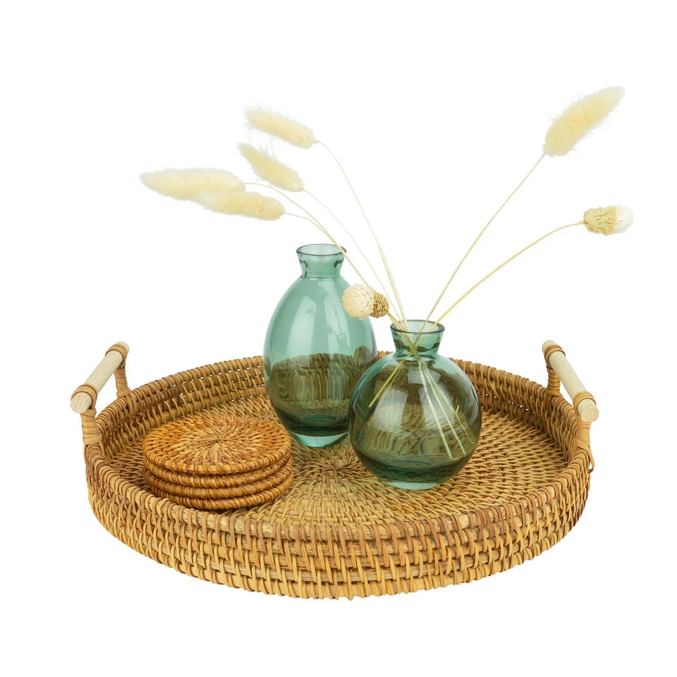 QUVIO Dienblad Met Handvaten Rond - 28 Cm - Rotan