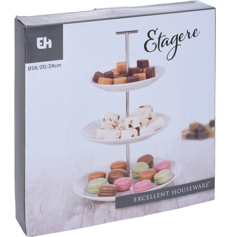 Merkloos Excellent Houseware Etagere - 3 Lagen - Wit - Porselein - 36 Cm Hoog - Afbeelding 2