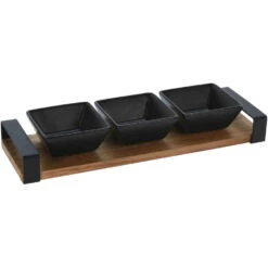 Excellent Houseware Serveerplank Met 3 Tapas Schaaltjes - Hout - 32 X 10 Cm