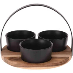 Excellent Houseware Serveerplank - Rond - 3 Schaaltjes - Hout - 22 Cm