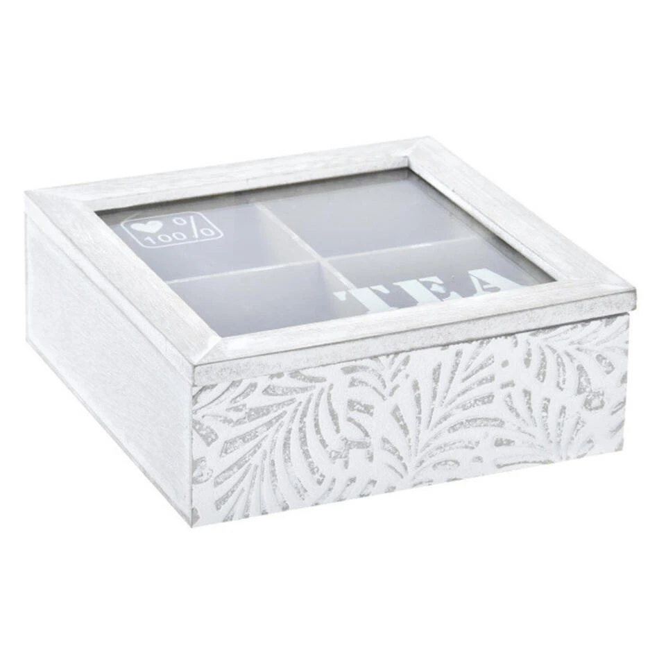 Items Theedoos/theekist Leaves - Hout - Wit - 4 Vakken