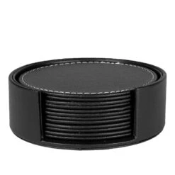 QUVIO 6 Leren Onderzetters Rond Met Houder - Zwart