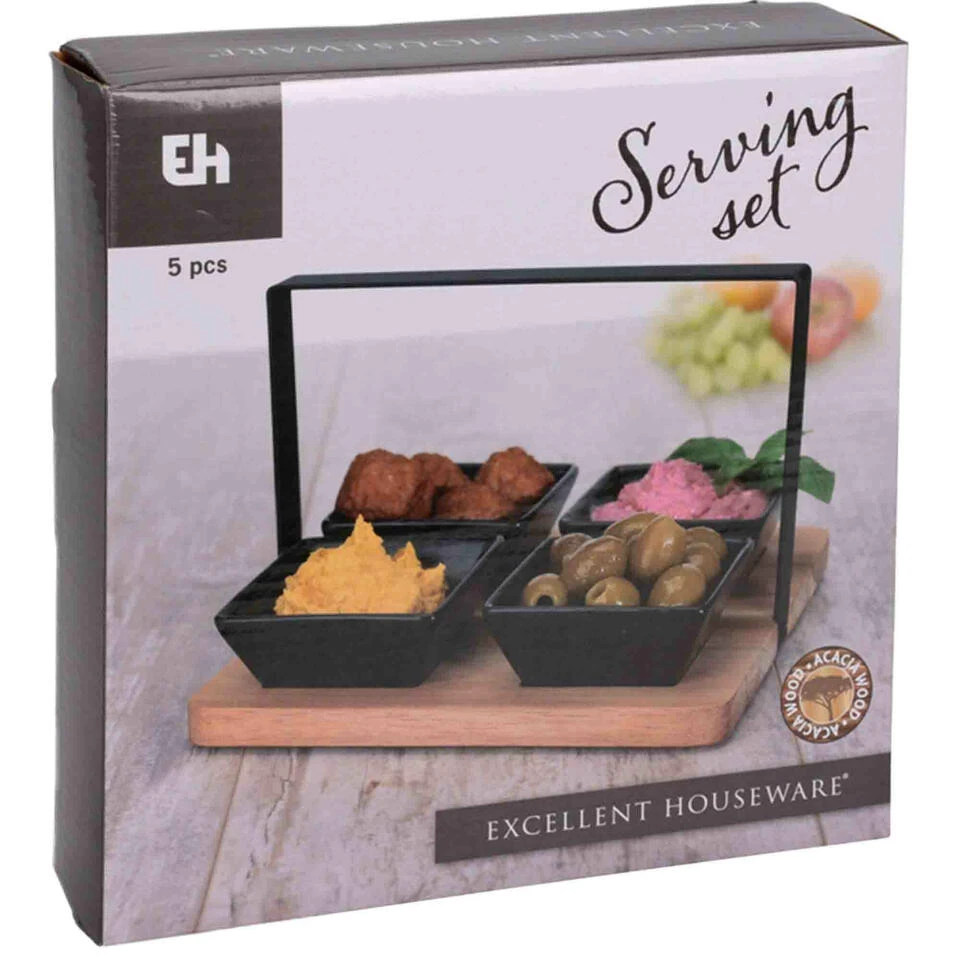 Excellent Houseware Serveerplank 4 Schaaltjes - Hout Keramiek - 22 Cm - Afbeelding 2