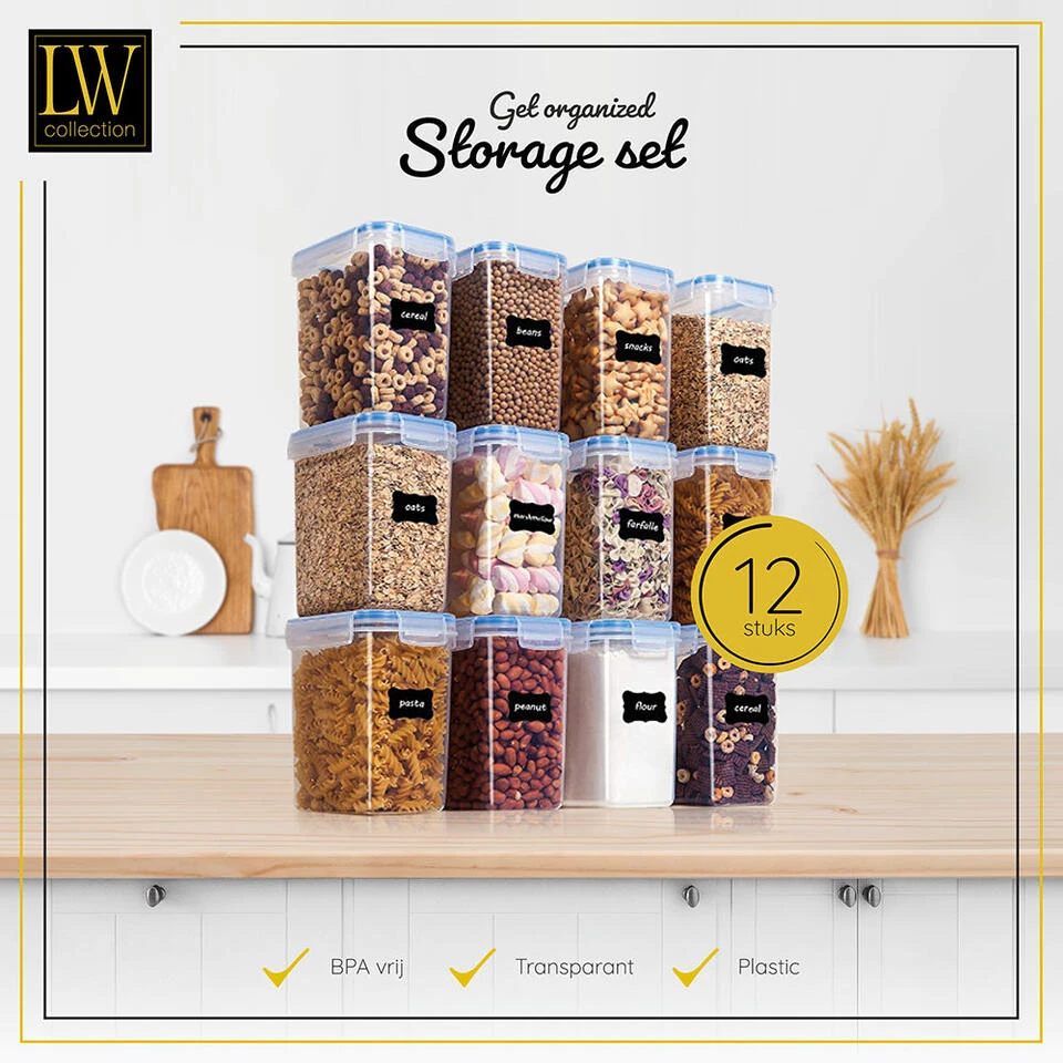 LW Collection Voorraadpotten 12 Stuks Met Stickers 1.6L - Afbeelding 2