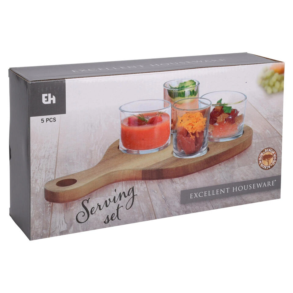 Excellent Houseware Serveerplank - Acacia - 30x17cm - Met 4st Glazen Schaaltjes - Afbeelding 2