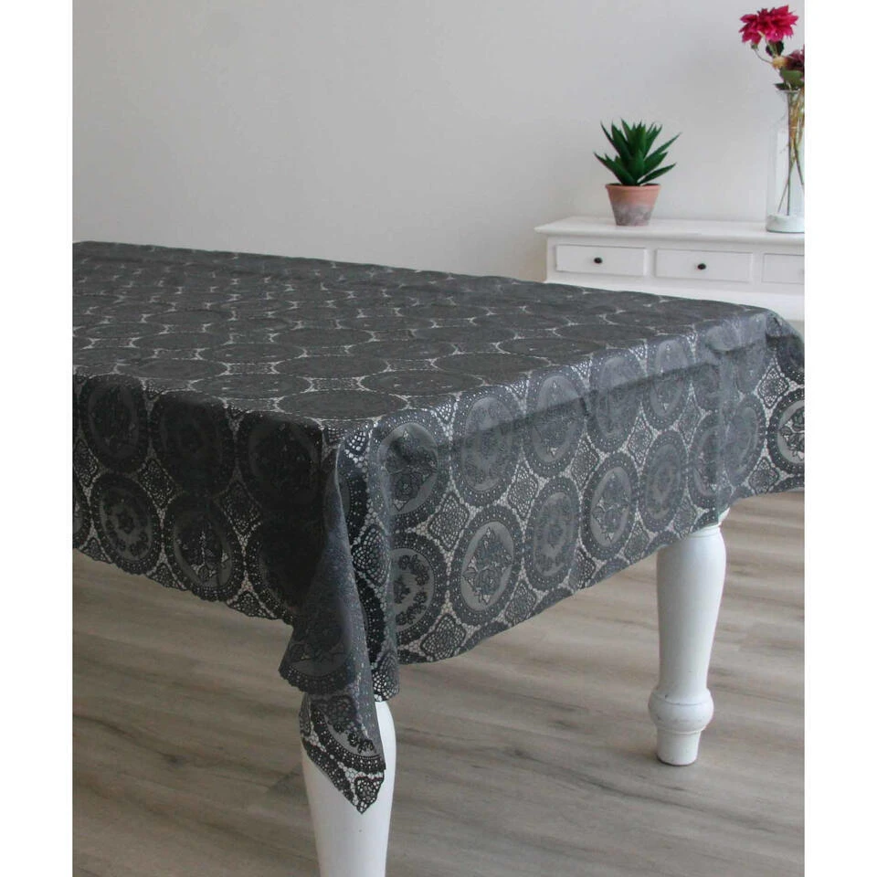 Bellatio Design Tafelzeil - Antraciet - Kanten Patroon - 140 X 220 Cm - Afbeelding 2