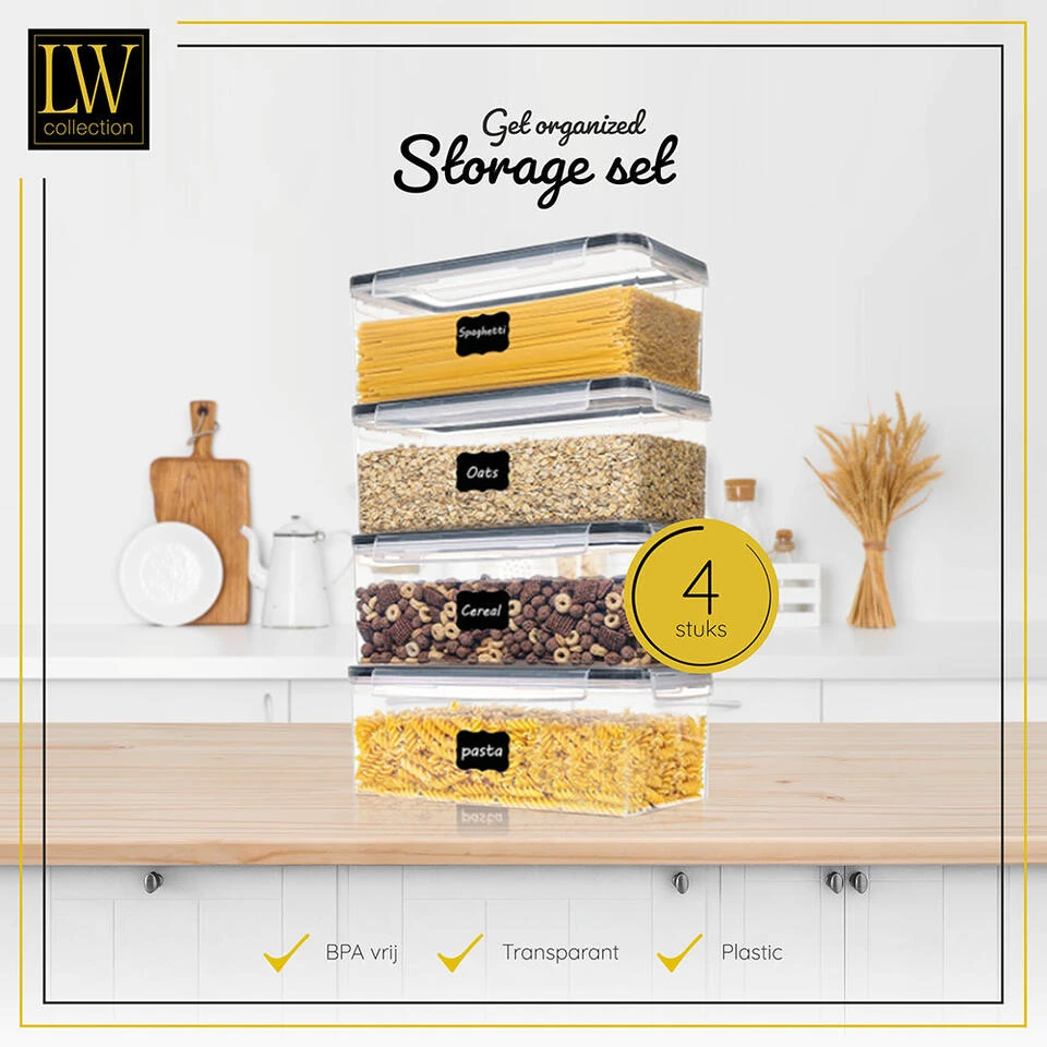 LW Collection Voorraadpotten 4 Stuks 3.2L Met Stickers - Afbeelding 2