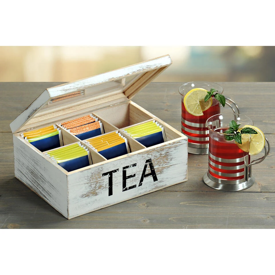 Kesper Theedoos - 6 Vakken - Hout - Wit - 21 X 16 X 9 Cm - Afbeelding 2